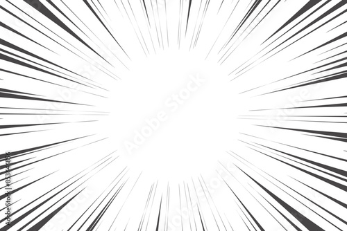 Speed lines in frame for manga comics book. Radial motion background. Monochrome explosion and flash glow. Vector concentric textured illustration