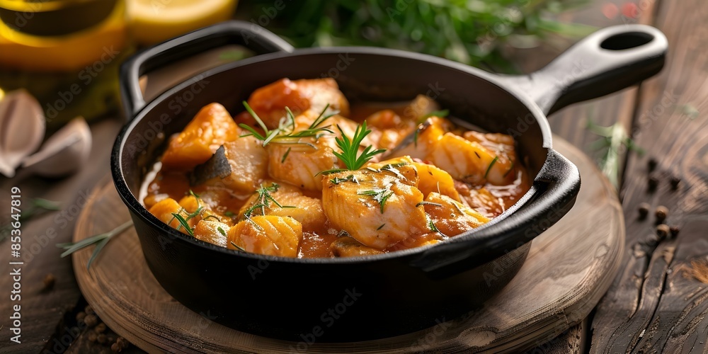Contemporary twist on Brazilian fish stew moqueca cast iron dish. Concept Healthy Eating, Brazilian Cuisine, Seafood Recipe, Cast Iron Cooking Contemporary twist on Brazilian fish stew moqueca cast iron dish. Concept Healthy Eating, Brazilian Cuisine, Seafood Recipe, Cast Iron Cooking