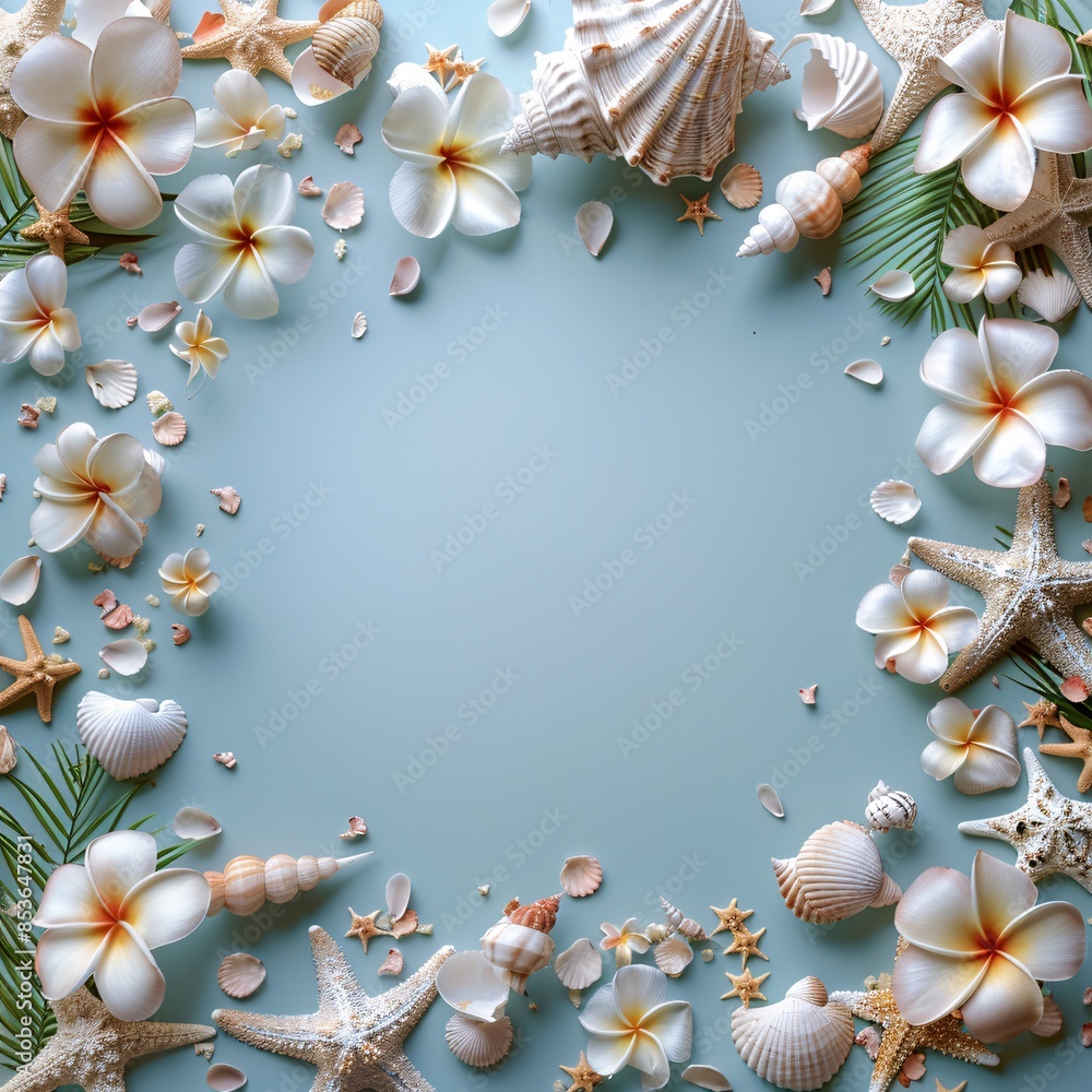 top view of shell on blue background top view of shell on blue background