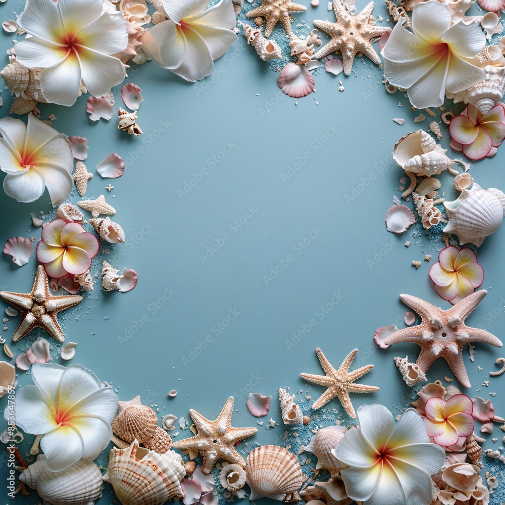 top view of shell on blue background top view of shell on blue background