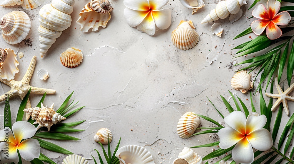 top view of sea shell on summer background with copy space top view of sea shell on summer background with copy space