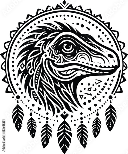 velociraptor in silhouete with bohemian nature pattern illustration