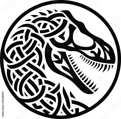 velociraptor in silhouete with celtic knot pattern illustration