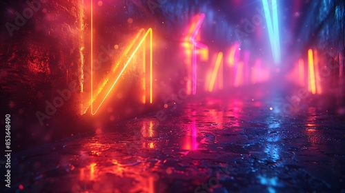 An abstract scene of neon arrows in a tunnel with a perspective point, giving a sense of movement. The vibrant neon colors and vanishing point create a dynamic and energetic atmosphere.  © LuvTK
