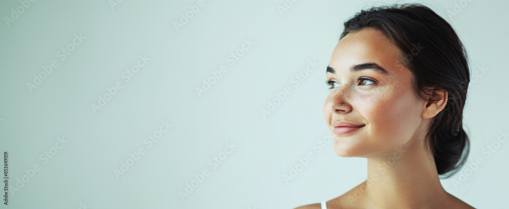 Portrait of a beautiful woman with a healthy skin tone and radiant smile, looking away on a white background with copy space Portrait of a beautiful woman with a healthy skin tone and radiant smile, looking away on a white background with copy space