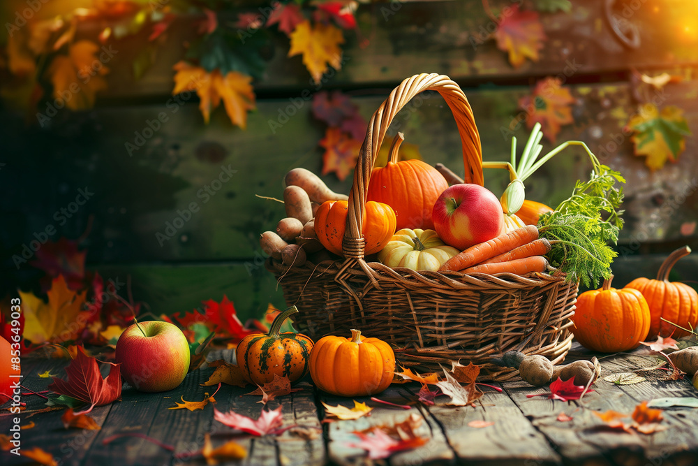 Close-up of a wicker basket overflowing with freshly picked fruits and vegetables, including apples, pumpkins, and carrots, set on a rustic wooden table with autumn leaves scattered around Close-up of a wicker basket overflowing with freshly picked fruits and vegetables, including apples, pumpkins, and carrots, set on a rustic wooden table with autumn leaves scattered around