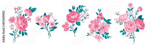 Collection of small pretty rose bouquets for design of greeting cards