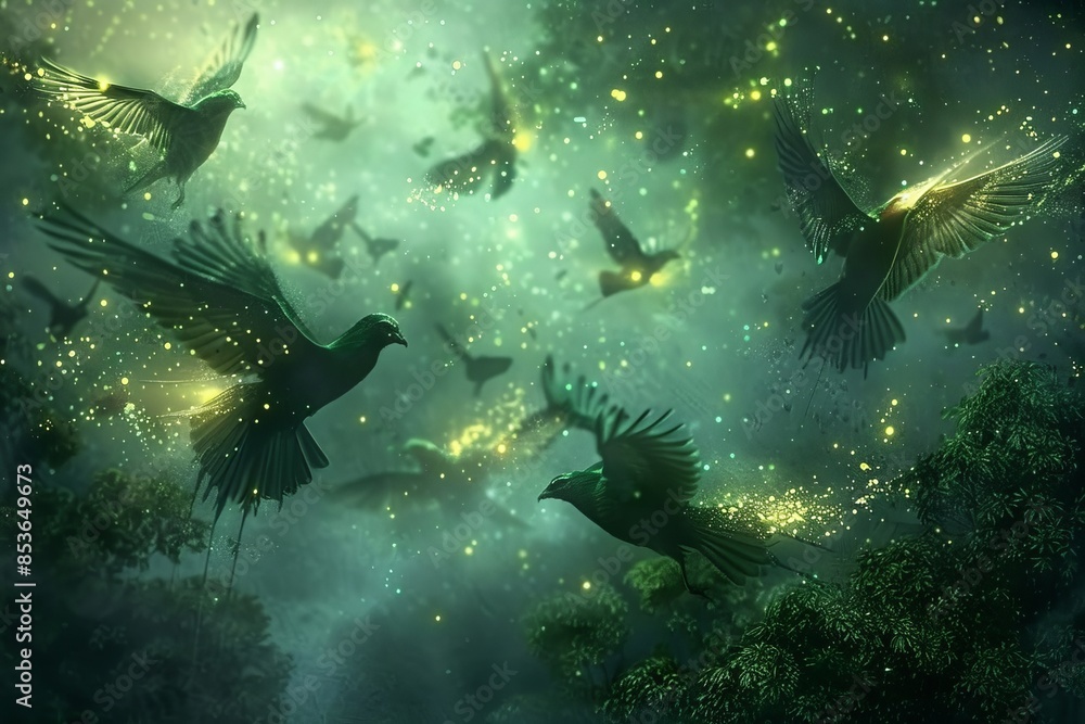 Fototapeta premium a mystical depiction of migratory birds with glowing wings