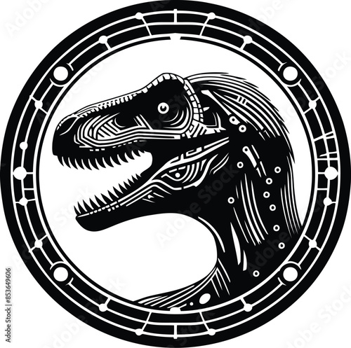 velociraptor in silhouete with cyberpunk pattern illustration