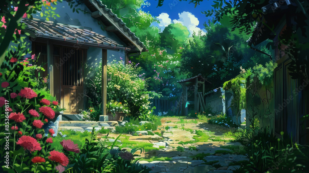 Obraz premium illustration art garden at summer style art anime