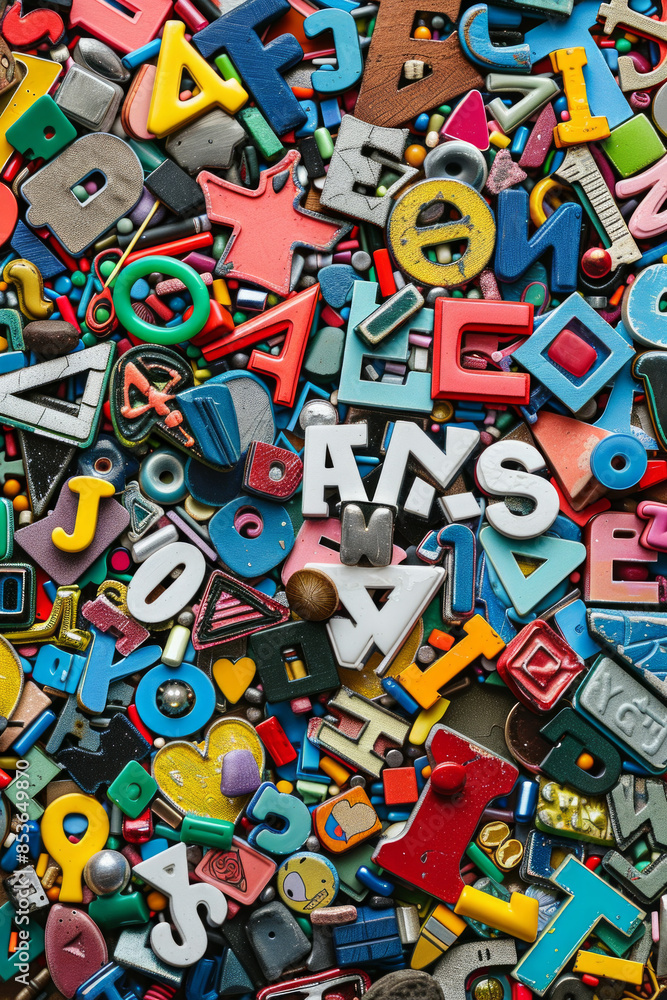 A crowded assortment of fridge magnets in various shapes, sizes, and colors, filling the entire frame. The magnets include letters, numbers, and novelty designs. A crowded assortment of fridge magnets in various shapes, sizes, and colors, filling the entire frame. The magnets include letters, numbers, and novelty designs.