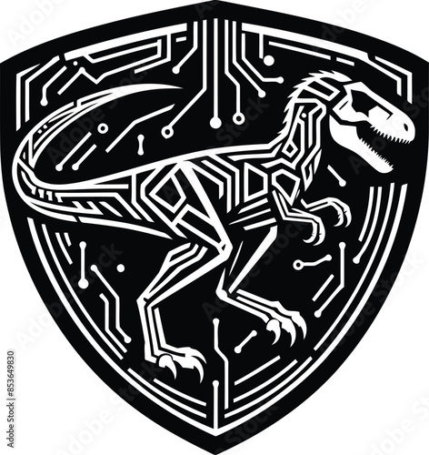 velociraptor in silhouete with cyberpunk pattern illustration