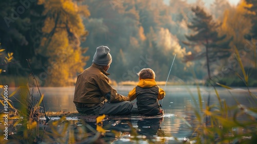 Grandfather teaching his grandchild to fish at a tranquil lake, a lesson in patience and bonding Precious memory