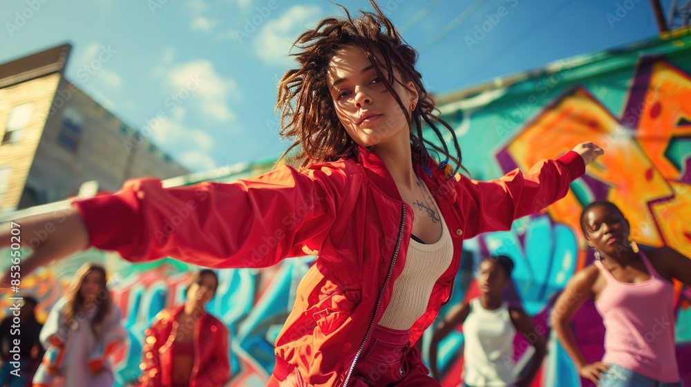 Group of energetic dancers performing in front of vibrant graffiti-covered walls in an urban setting, showcasing dynamic dance moves and expressions. Group of energetic dancers performing in front of vibrant graffiti-covered walls in an urban setting, showcasing dynamic dance moves and expressions.