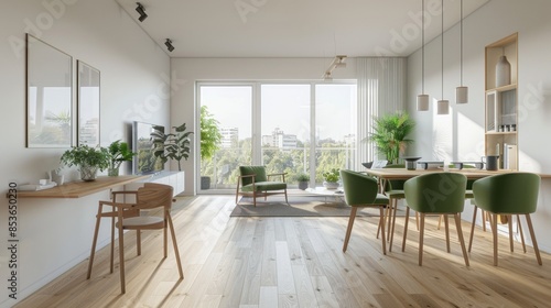 Wallpaper Mural Modern Living and Dining Room with Green Accents - Generative AI Torontodigital.ca