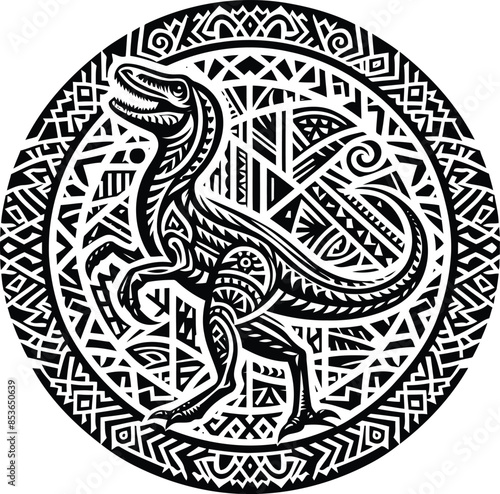 velociraptor in silhouete with Polynesian ethnic pattern illustration