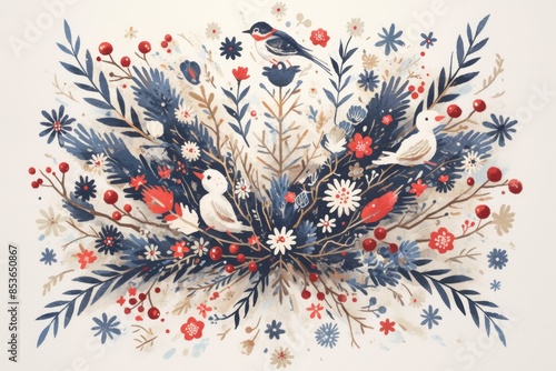 A symmetrical design with winter motifs in the style of Scandinavian folk art on a cream background.