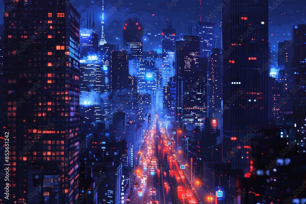 Obraz premium Urban cityscape at night with illuminated skyscrapers and bustling streets under a starry sky