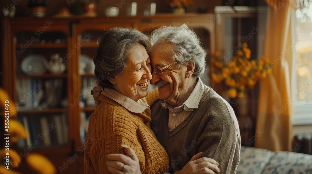 Fototapeta premium Happy elderly couple sharing a tender moment in a cozy living room, basking in the warmth of their long lasting love and companionship.