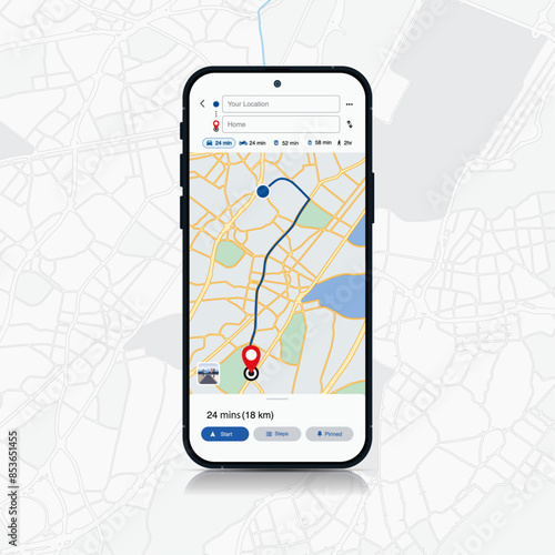 Smartphone Map App with GPS Navigation and Red Marker Pin Point on Screen. Vector Illustration of Map Application, City Navigation Maps, and Location Tracking.