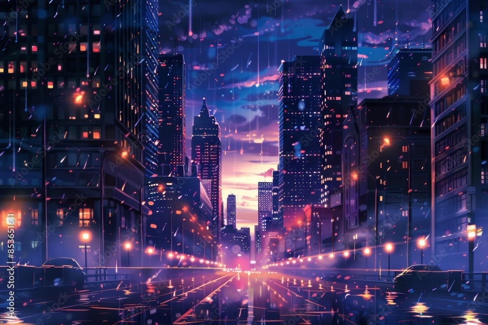 Urban cityscape at night with illuminated skyscrapers and bustling streets under a starry sky Urban cityscape at night with illuminated skyscrapers and bustling streets under a starry sky