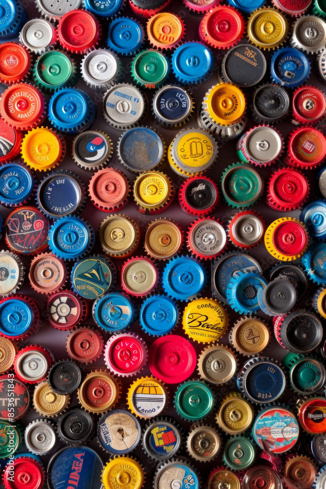 A chaotic collection of colorful bottle caps, densely arranged to fill the entire frame. The caps feature various brands and colors, creating a playful and industrial background A chaotic collection of colorful bottle caps, densely arranged to fill the entire frame. The caps feature various brands and colors, creating a playful and industrial background