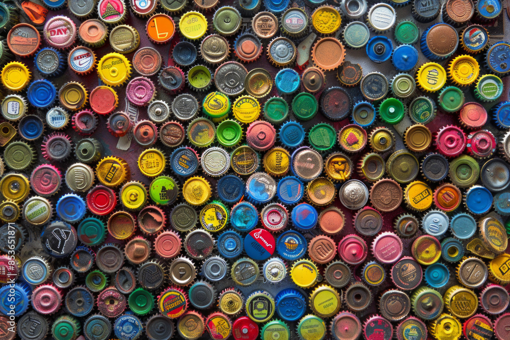 A chaotic collection of colorful bottle caps, densely arranged to fill the entire frame. The caps feature various brands and colors, creating a playful and industrial background A chaotic collection of colorful bottle caps, densely arranged to fill the entire frame. The caps feature various brands and colors, creating a playful and industrial background