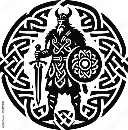 viking in silhouete with celtic knot pattern illustration