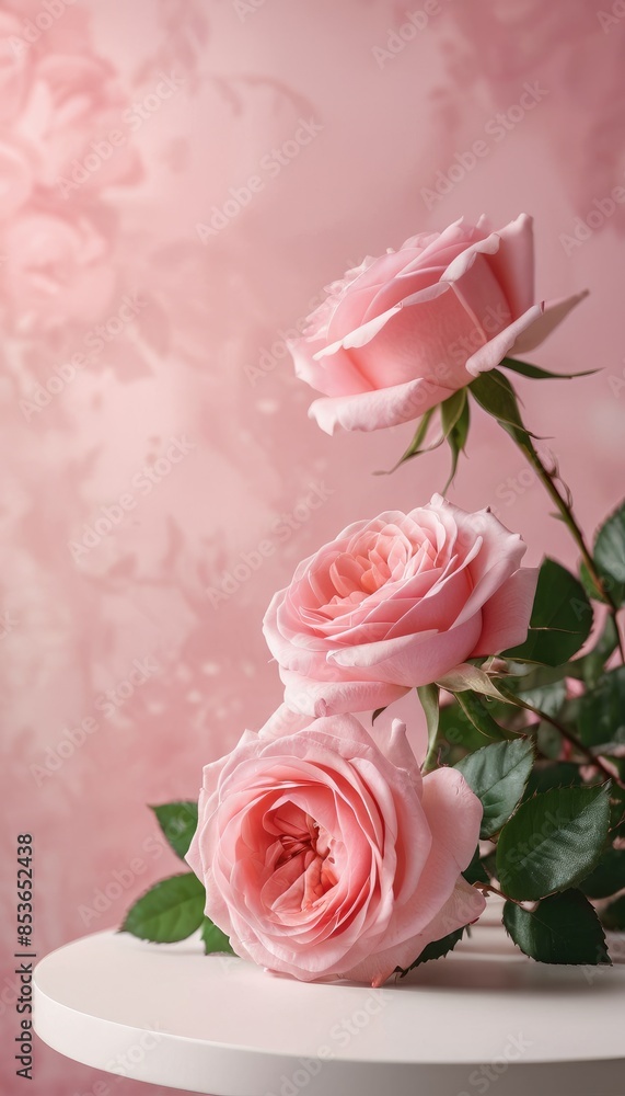 Fototapeta premium Beautiful pink roses in bloom, set against a gentle pink background, showcasing their vibrant color and lush foliage