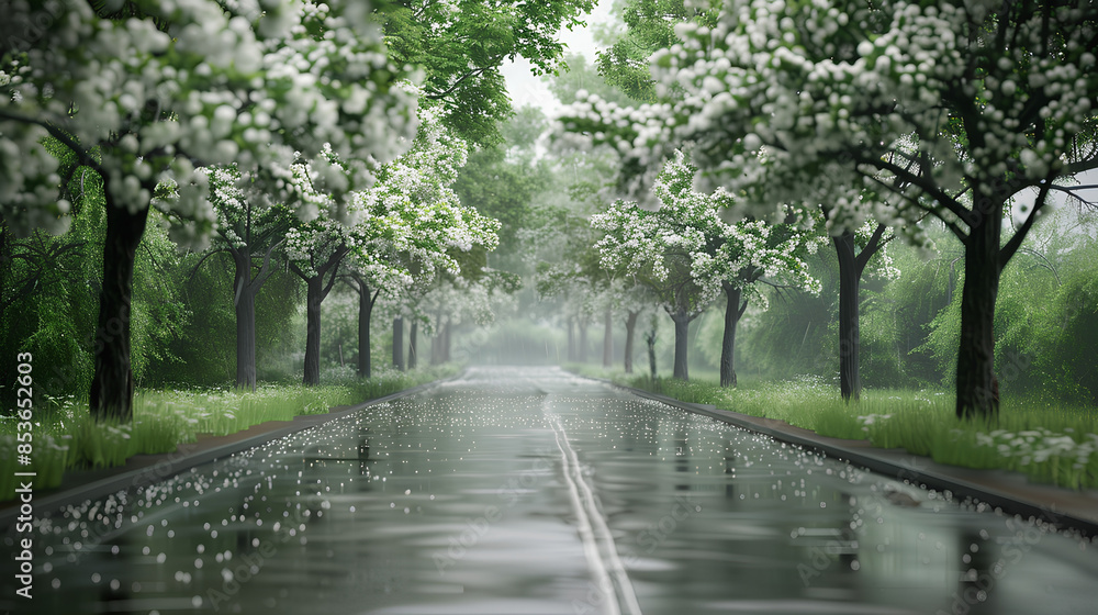 Road with trees on both sides with wet roads Road with trees on both sides with wet roads