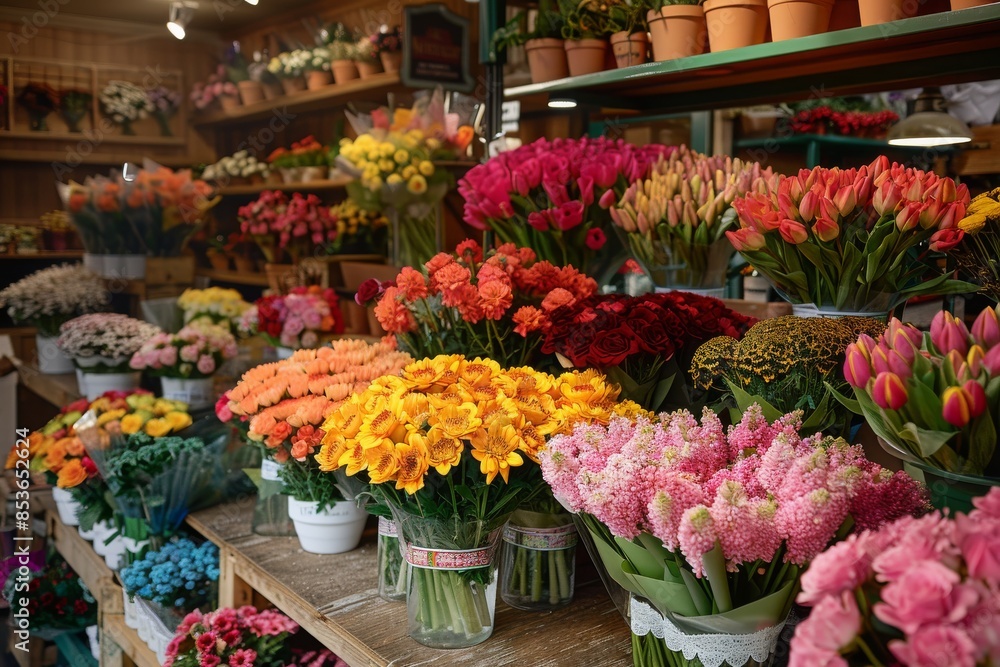 A charming flower shop showcasing a wide range of fresh and colorful flowers in pots and bouquets.
A charming flower shop showcasing a wide range of fresh and colorful flowers in pots and bouquets.