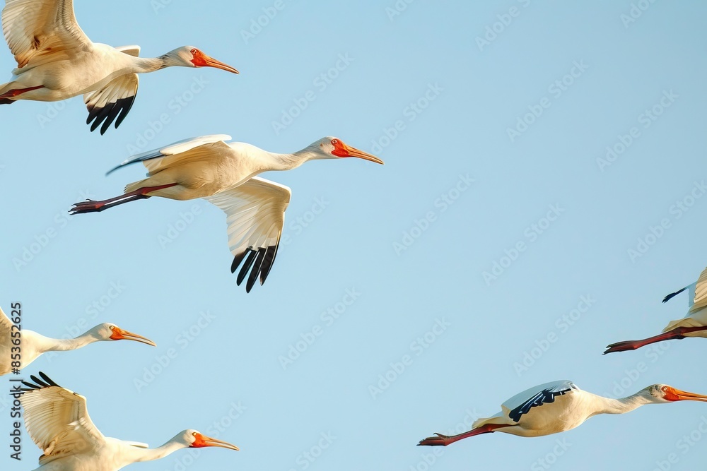Obraz premium a series of migratory birds captured in mid-flight against a clear blue sky