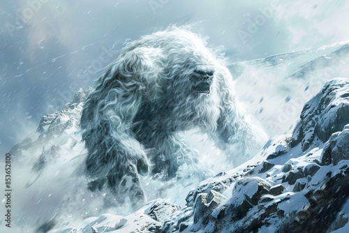 Abominable Snowman.  Generated image.  A digital illustration of an abominable snowman with a fur coloring of gray and white in the wild.