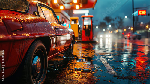 Close-up shot of a car at outdated gas station in the suburbs.