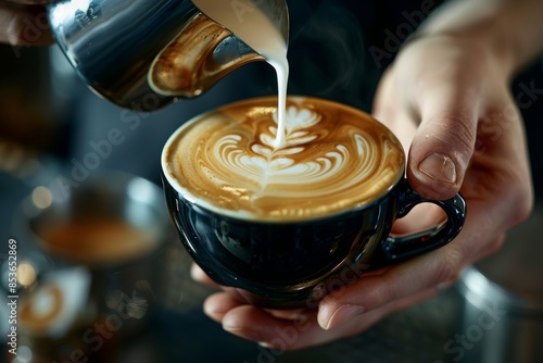 A barista expertly pouring latte art into a black cup of coffee.