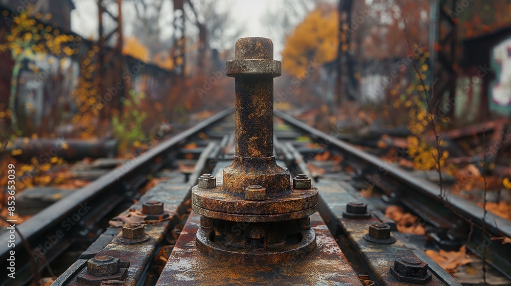 Rustic Railway Bolt Amidst Autumn Nature in Urban Decay Rustic Railway Bolt Amidst Autumn Nature in Urban Decay