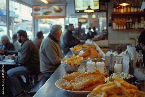 A cozy fish and chips restaurant with customers dining and plates of food on the counter.

