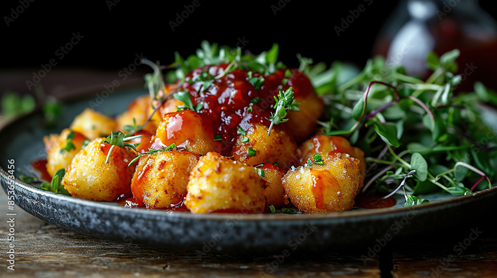 Delicious Crispy Squid Balls With Sauce in Plate On Blurry Background Delicious Crispy Squid Balls With Sauce in Plate On Blurry Background