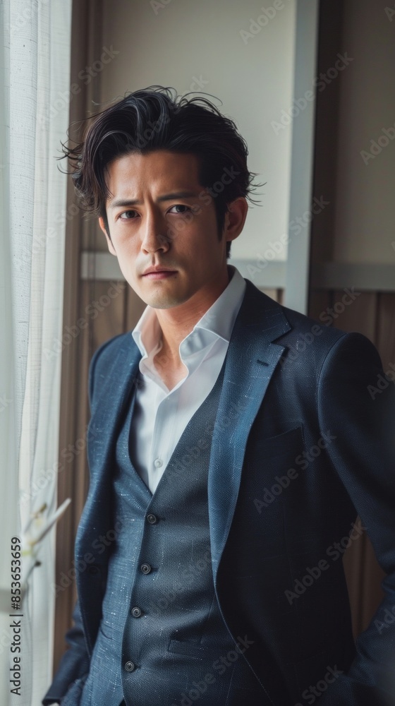 Japanese handsome man standing next to curtains in the room Japanese handsome man standing next to curtains in the room