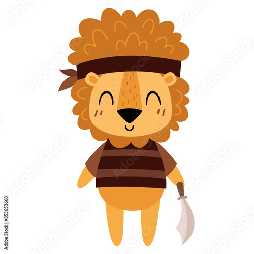 Pirate animal clipart. Lion clipart. Pirate lion in cartoon flat style. Hand drawn vector illustration.