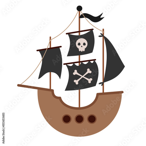 Pirate ship clipart in cartoon flat style. Hand drawn vector illustration.