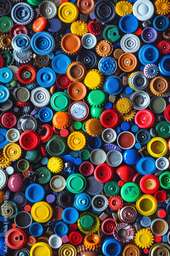 A chaotic collection of colorful bottle caps, densely arranged to fill the entire frame. The caps feature various brands and colors, creating a playful and industrial background A chaotic collection of colorful bottle caps, densely arranged to fill the entire frame. The caps feature various brands and colors, creating a playful and industrial background
