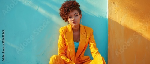 High fashion model on a minimalist set, striking pose, bold colors and textures highlighting contemporary style