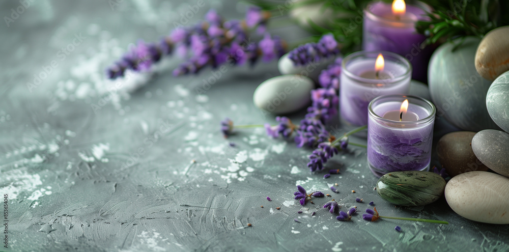 Lavender and Candle Spa Setting with Stones on Grey Background with Copy Space Lavender and Candle Spa Setting with Stones on Grey Background with Copy Space