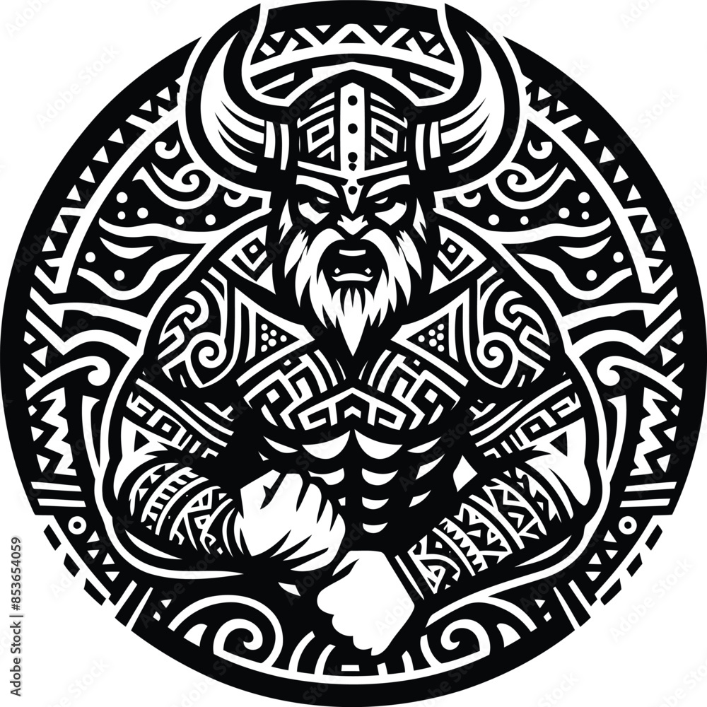 viking in silhouete with Polynesian ethnic pattern illustration viking in silhouete with Polynesian ethnic pattern illustration