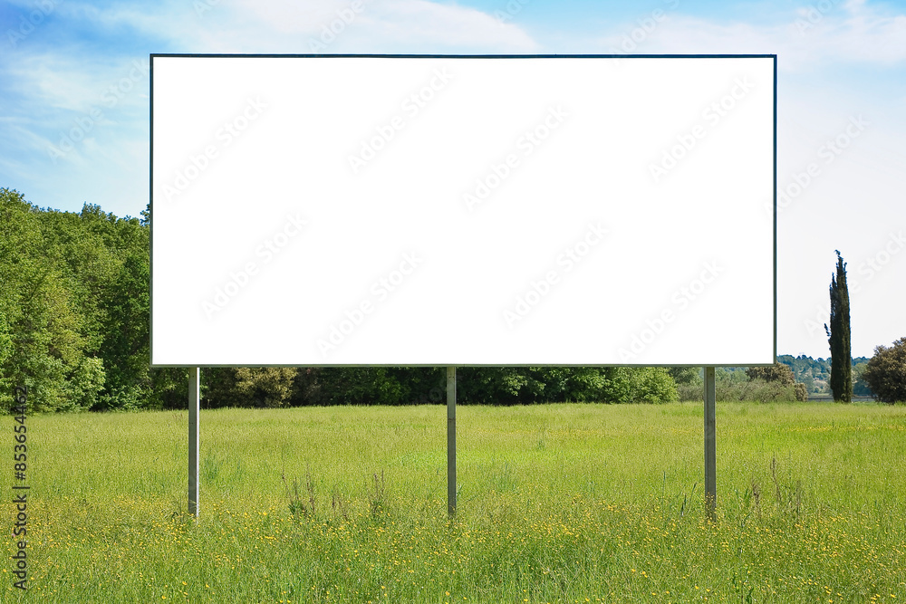 Empty advertising billboard in a rural landscape surrounded by t