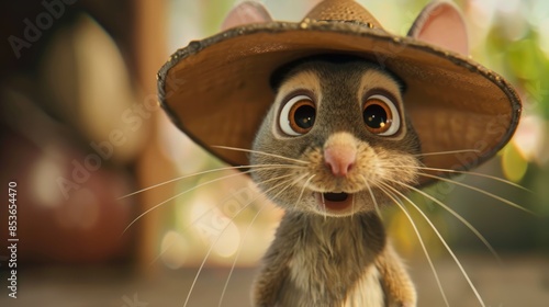 Photo of a 3D animated character. Picture of a big-eyed mouse wearing a hat.
