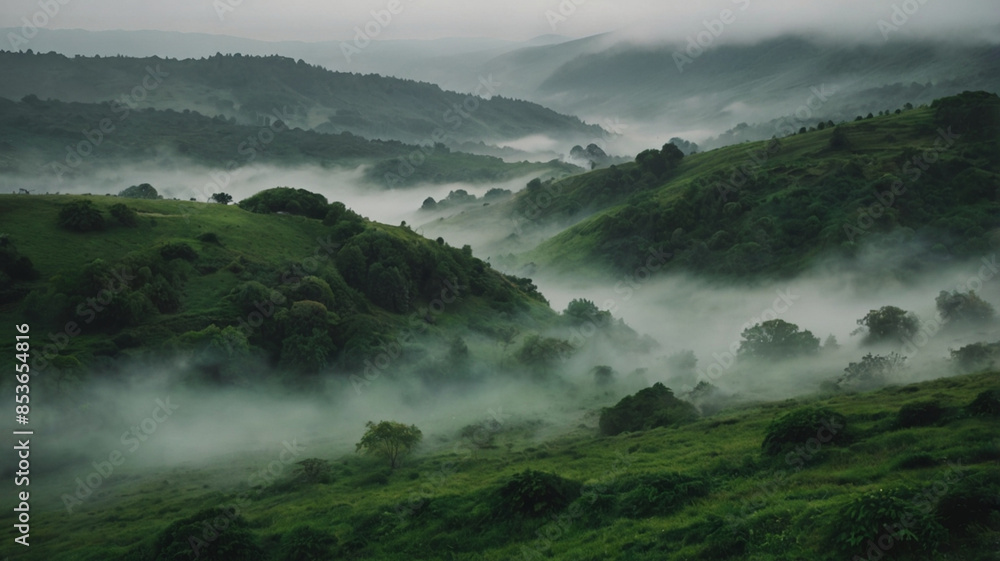 Fototapeta premium Lush green landscape shrouded in mist 