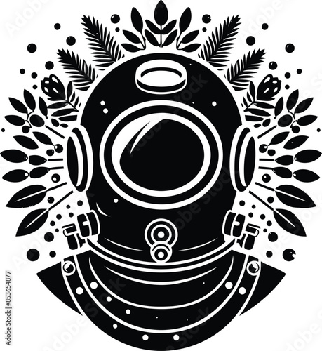 vintage diving suit in silhouete with bohemian nature pattern illustration