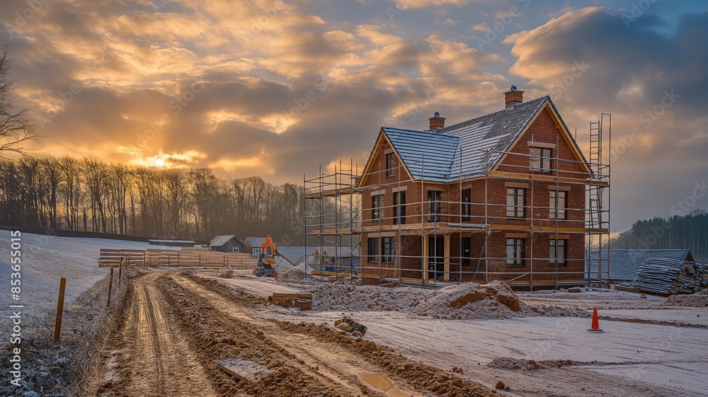 Brick House Under Construction in a Winter Landscape at Sunset Brick House Under Construction in a Winter Landscape at Sunset